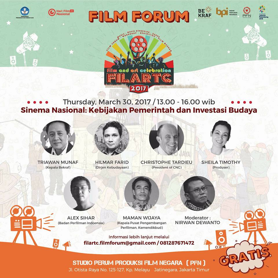 flickmagazine's tweet photo. #FILARTC17 akan menghadirkan beberapa diskusi film dalam Forum Film dengan tema seru pada 30 Maret-1 April 2017 di @StudioPFN https://t.co/47X8n22Sp7