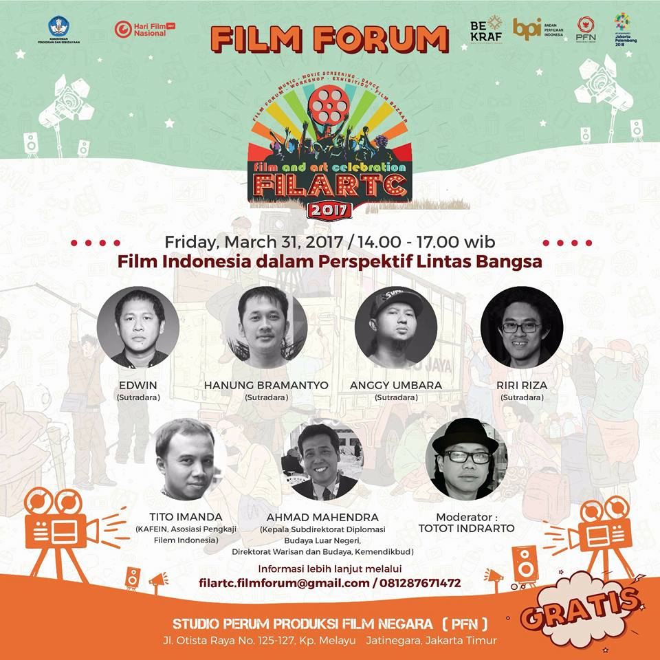 flickmagazine's tweet photo. #FILARTC17 akan menghadirkan beberapa diskusi film dalam Forum Film dengan tema seru pada 30 Maret-1 April 2017 di @StudioPFN https://t.co/47X8n22Sp7