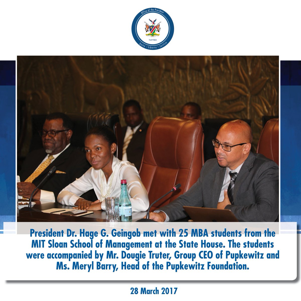 NamPresidency's tweet photo. President @hagegeingob met with 25 students from @MITSloan at the State House. https://t.co/9FUgP8yXmP