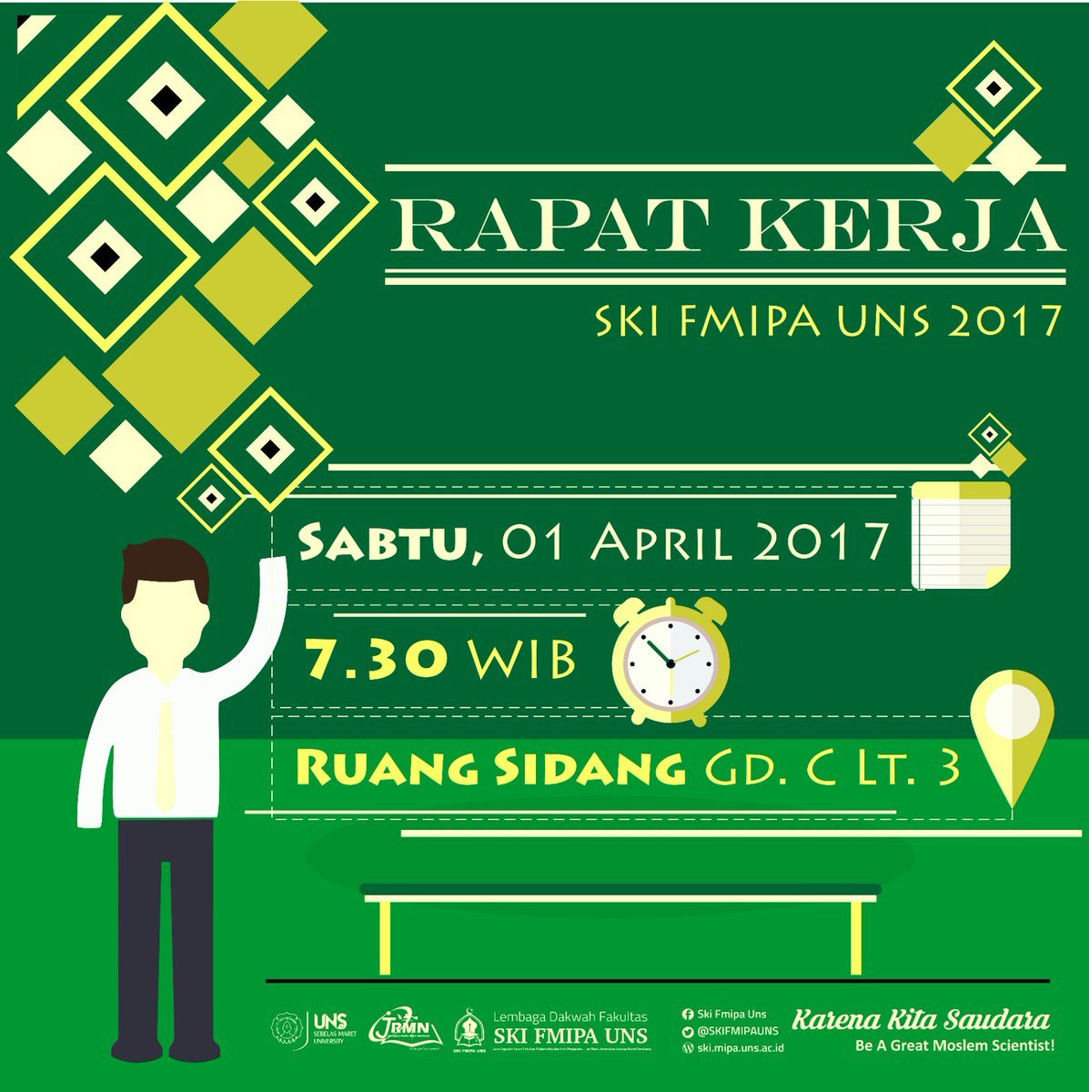Bismillah,

📝 RAPAT KERJA SKI FMIPA UNS 2017 📝
  
📆 Sabtu, 01 April 2017
⌚ 7.30 WIB
🏢 Ruang Sidang Gd. C Lt. 3

👉🏻 ski.mipa.uns.ac.id/rapat-kerja-sk…