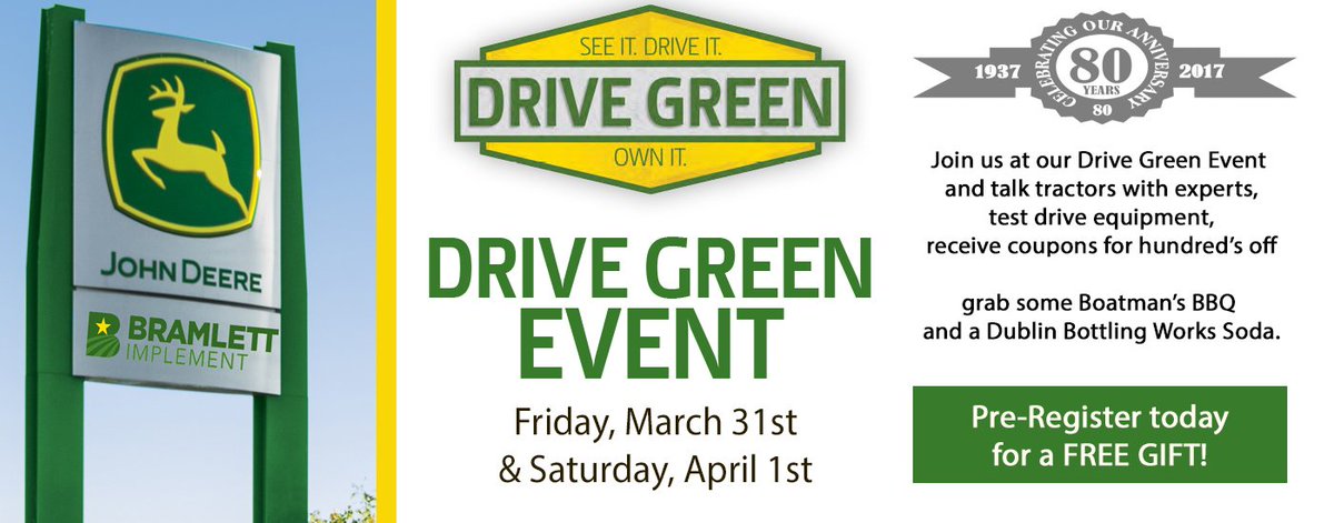 Come See us at the Drive Green Sales Event! We will be there until 4pm and will be open from 4-8:30pm!
bramlettimplement.com/events/dealer-…