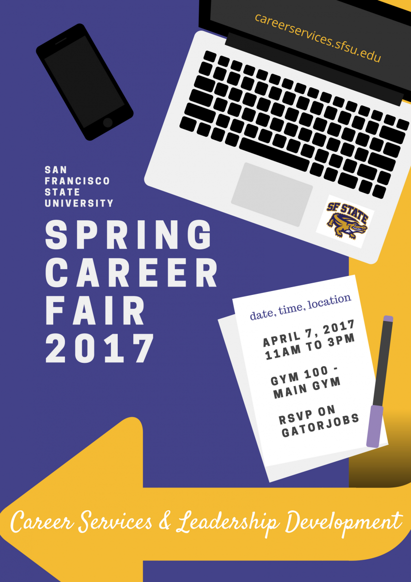 SFSU's tweet photo. Calling all job hunters! More than 70 employers will be at the main gym on April 7 for the spring job fair at #SFSU. https://t.co/v6vP6Z7cMg https://t.co/fotea1Ltzs