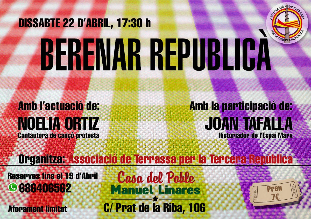 Merienda republicana el 22 de abril en #Terrassa en <a href="/CdPMLinares/">CdP Manuel Linares</a> organizada  por #AssTerrassaPerLa3aRepública  #ContruyendoRepública