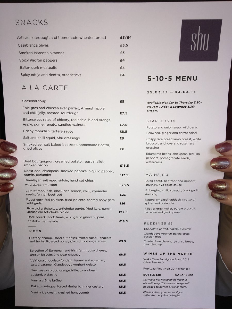 ShuRestaurant's tweet photo. Dinner menu for the week ahead. #FiveTenFive @Brianmccann @matt_jordan1993 #shubelfast #Belfast https://t.co/RdxVJkJy45