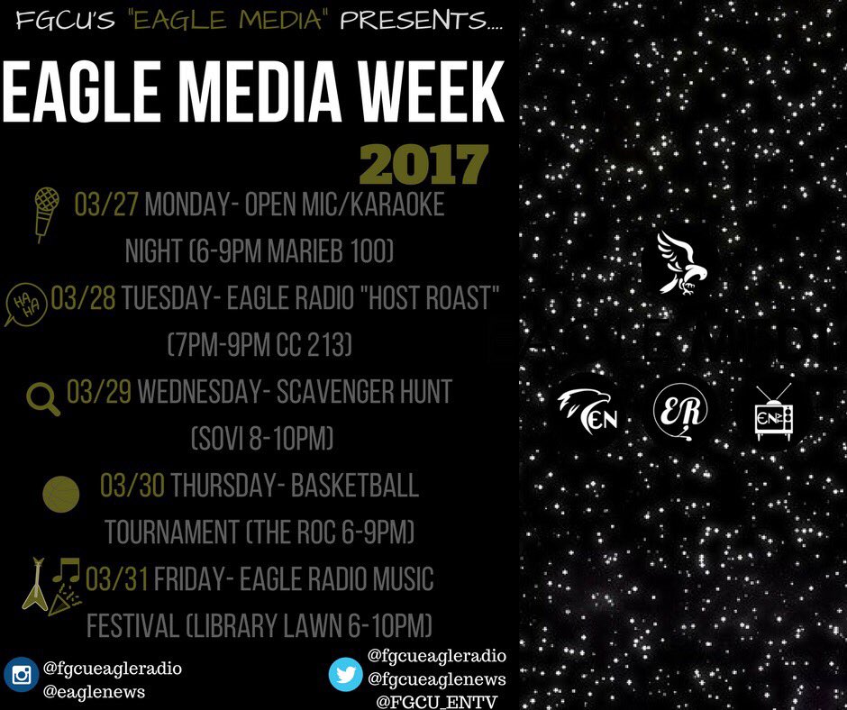 FGCUeagleradio's tweet photo. #EagleMediaWeek continues w/ the Scavenger Hunt @ Sovi TONIGHT 👥👁🔍 #FGCU17 #FGCU18 #FGCU19 #FGCU20 #EagleRadio https://t.co/4Ax8WhiQWf