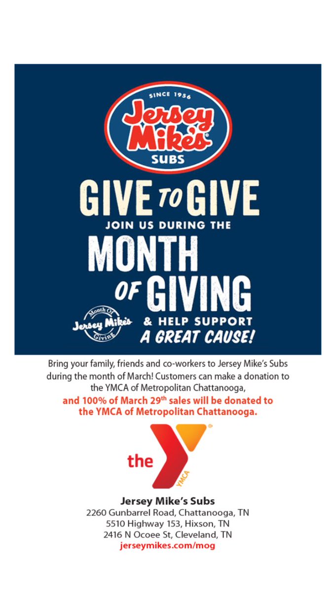 SummerH27's tweet photo. 100% of Jersey mike's proceeds will go to benefit the YMCA today! https://t.co/hOka0NW6hV