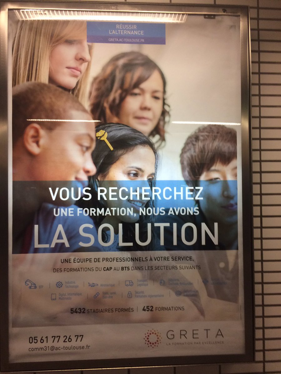 gretaOccitanie's tweet photo. Si vous passez par le métro arènes de #toulouse, venez saluer 😏#alternance #emploi #reussite #formation https://t.co/fEFSAndLXX