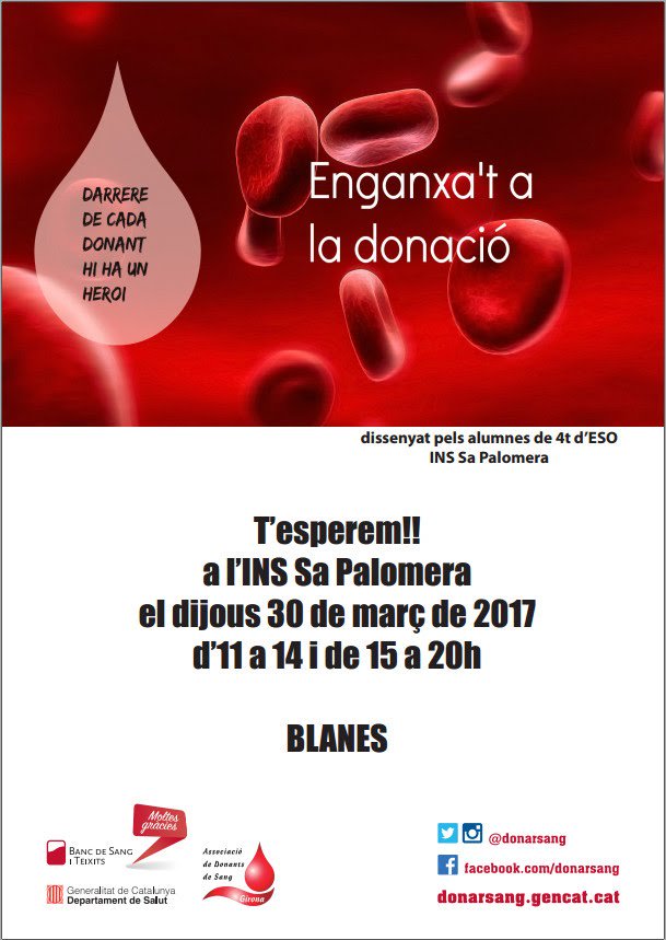 CorpoSalutMS's tweet photo. Demà tens cita al INS Sa Palomera de #Blanes. T'esperen al institut per @donarsang #ambunavegadanonhihaprou 🏫😉💉 https://t.co/YL7uslHCkc