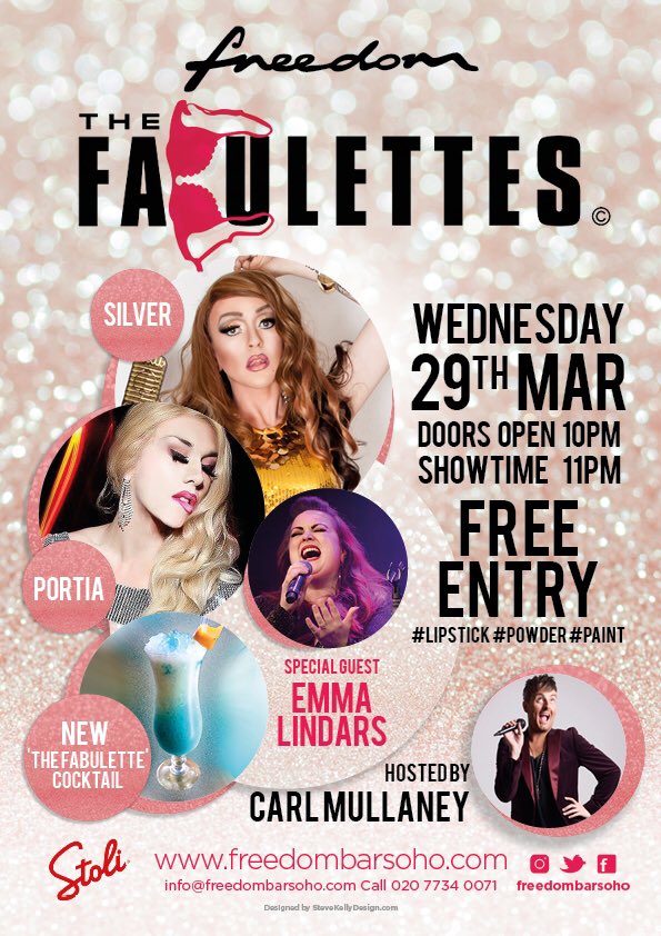 thefabulettes's tweet photo. Tonight at @freedombarsoho we have the AMAZINGLY TALENTED @emmalindars singing with us! Hosted as always by @carlmullaney ❤💋👠💄💃🏼💃🏼🕺🏻🍾 https://t.co/fCG9CP0inN