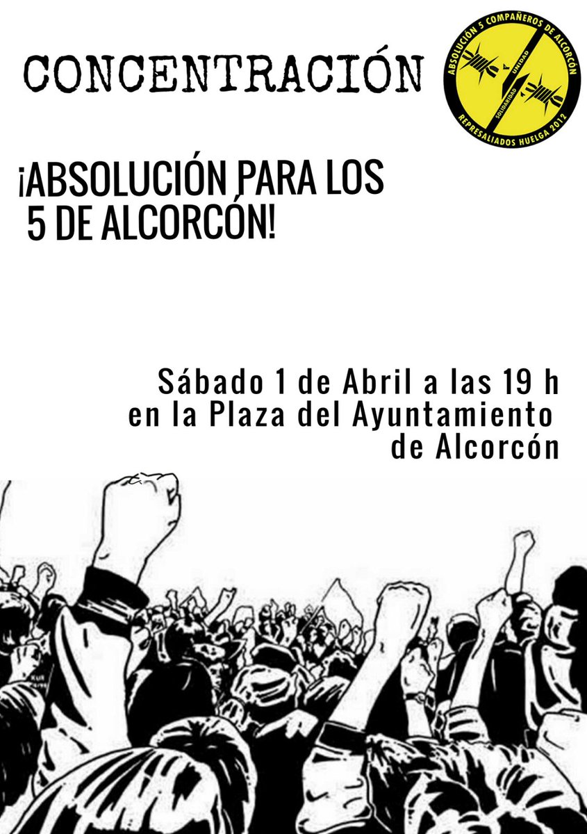 eofuente's tweet photo. 1/04/17 a 19:00 h @CCOOMadridOest nos concentraremos en Ayuntamiento Alcorcón, para exigir absolución de los 5 encausados #HuelgaNoEsDelito https://t.co/A3dutsBtlt