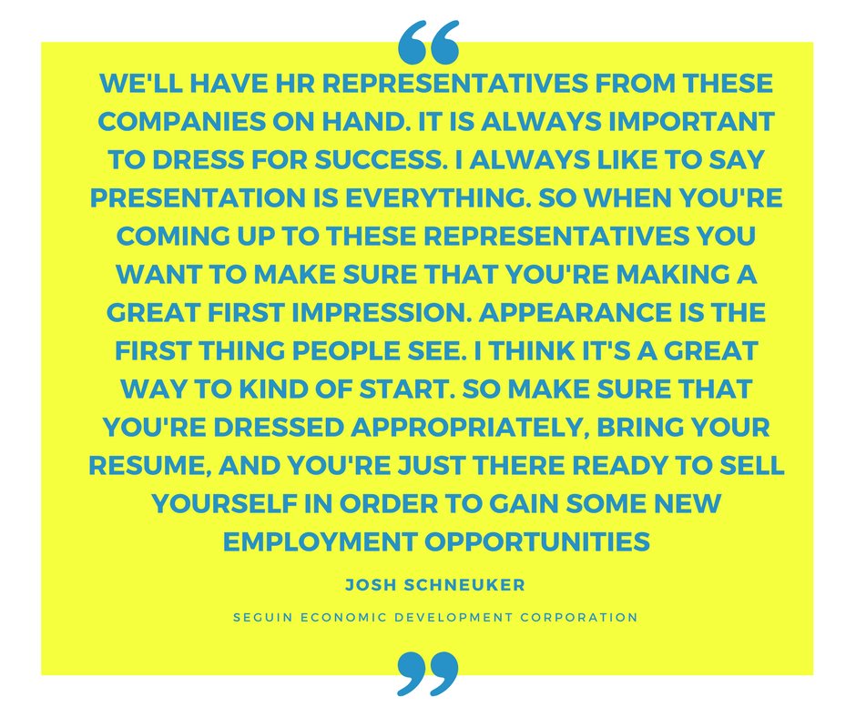 SeguinEDC's tweet image. A little #TipOnJobFairSuccess from our Executive Director, Josh Schneuker. #SpringJobFair #RealSeguin #WorkforceWednesday