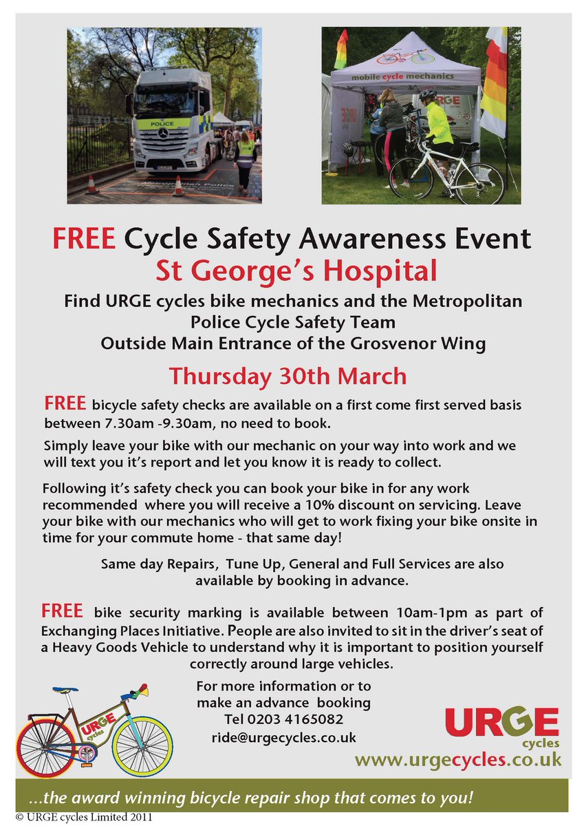 URGEcycles's tweet photo. Come and Exchange Places tomorrow at St George's Hospital.  @MetCycleCops @StGeorgesTrust FREE Safer cycling event @TootingPRSS https://t.co/rSVinE6a5e