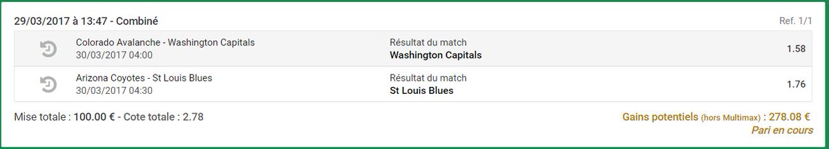 TempestPronos's tweet image. Pour les gros joueurs ! 💵
Combiné : Washington Capitals &amp;amp; St Louis Blues !
Côte : 2.78 
Mise : 100€
Gain potentiels : 278€ ! 💵
RT &amp;amp; FOLLOW 👽