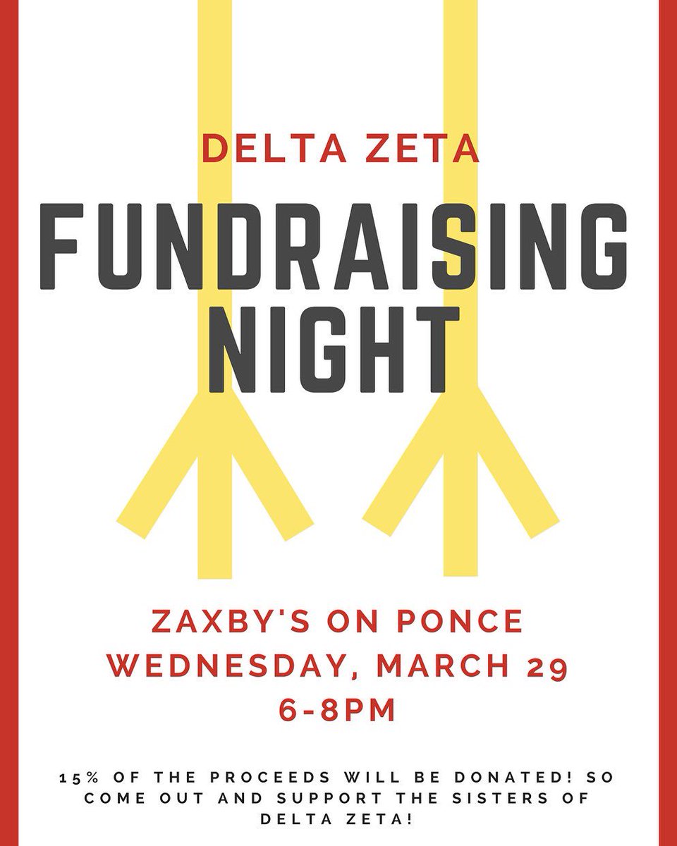 DZdeltadelta's tweet photo. Today is the day! Be sure to stop by Zaxby's on Ponce for our percentage night from 6-8 PM. Can't wait to see you all! https://t.co/oS7Z4nRc4V