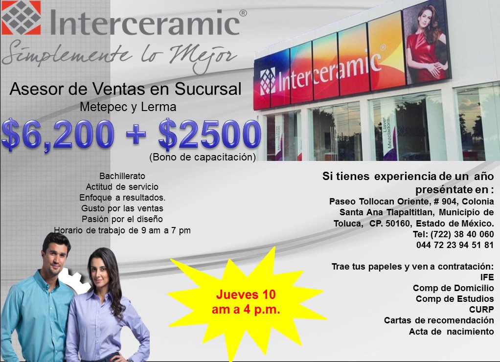 InterceramicRH's tweet photo. Vives en Toluca, Lerma y Metepec y estas en búsqueda de empleo?, Conoces a alguien que esta en búsqueda de  empleo?
Comparte estas vacantes https://t.co/CUVX63X9zl