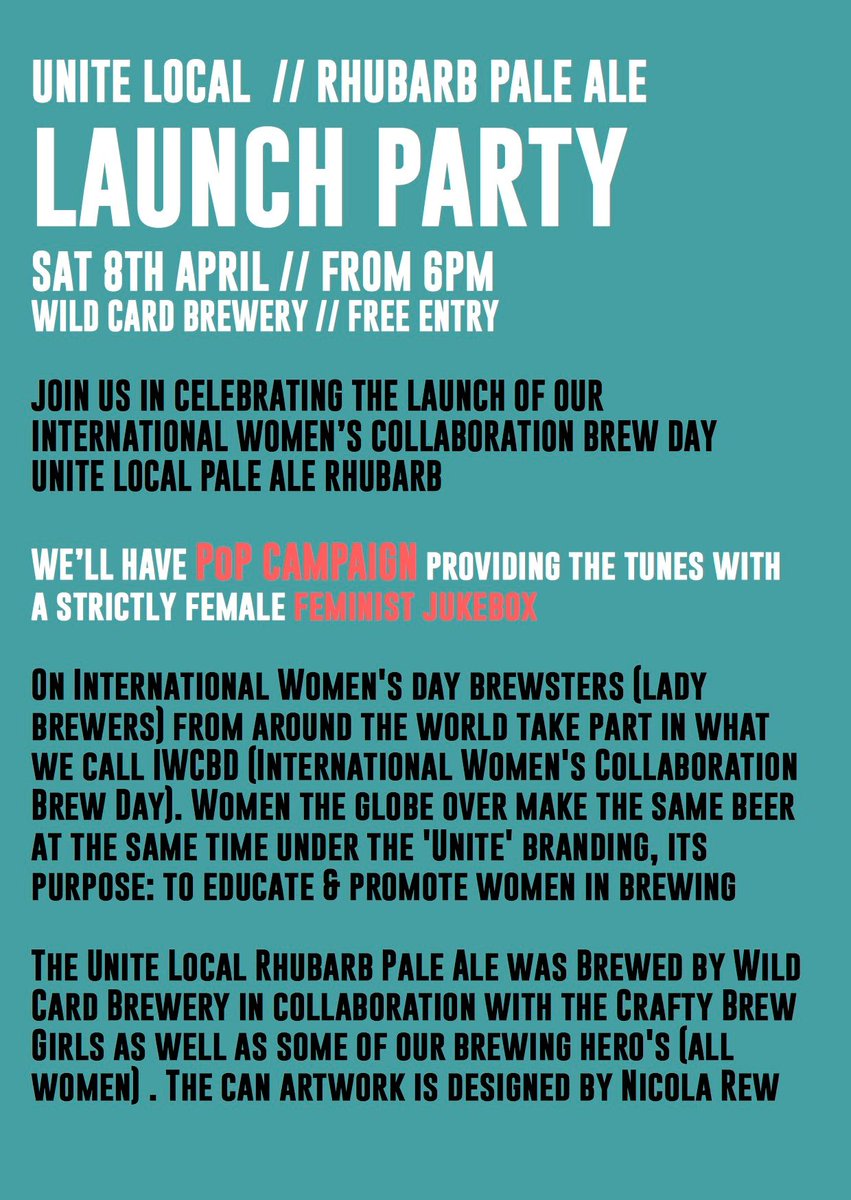 WildCardBrewery's tweet photo. NEXT WEEK - We are so excited to be launching the #UniteLocal Rhubarb Pale Ale that we brewed on #InternationalWomensDay as part of @IWCBD https://t.co/APtuxZOF1N