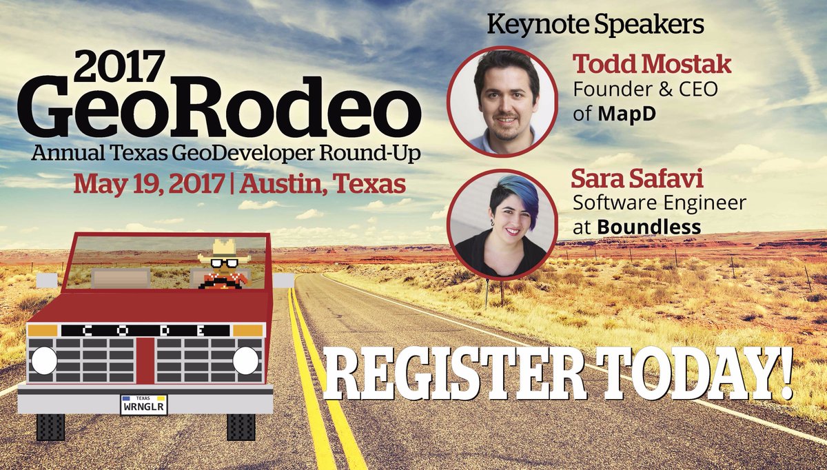 Registration is now open for the 2017 #GeoRodeo! Excited for our keynotes, <a href="/ToddMostak/">Todd Mostak</a> and <a href="/sarasomewhere/">@sara@hachyderm.io</a> --> tnris.org/georodeo/2017/
