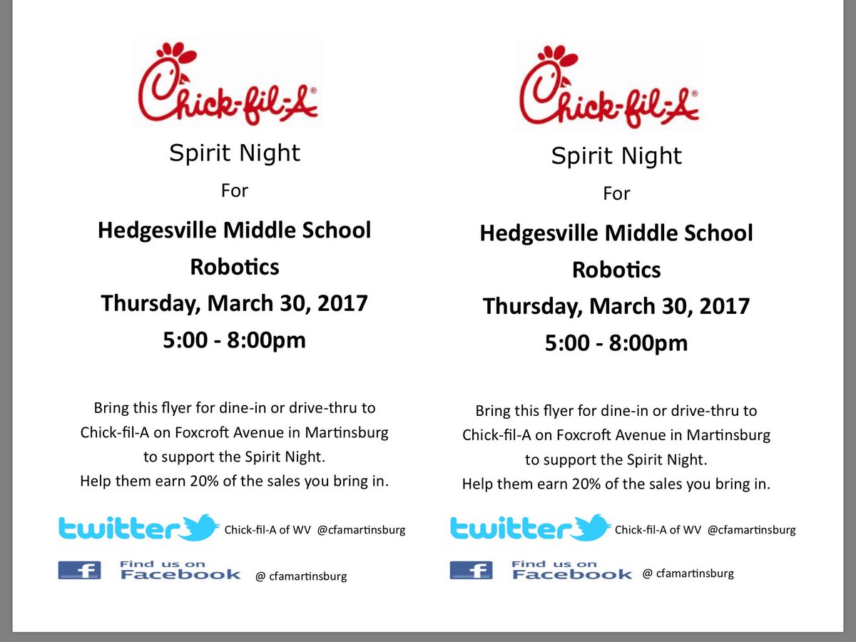 Hi friends! Come out and support HMS Robotics at Chick-Fil-A Martinsburg tomorrow night from 5-8pm!  Thanks for your continued support!