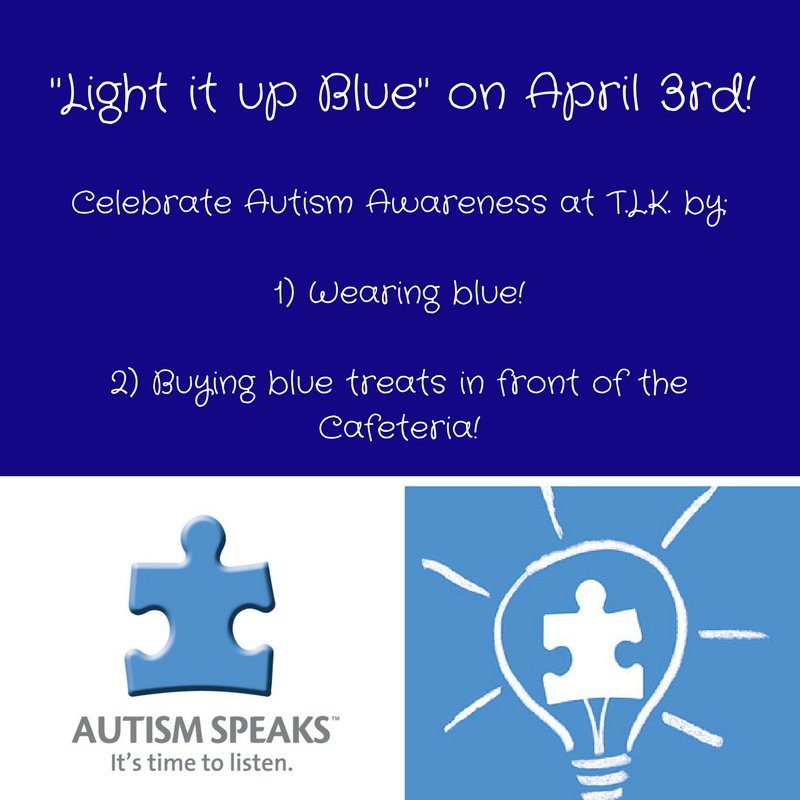 TatlaTLK's tweet photo. Get ready to "Light it up Blue" on April 3rd TLK! Wear blue clothing &amp; buy blue treats to help celebrate #autismawareness! #tlkdp #tlklife https://t.co/ltkzPoEj81