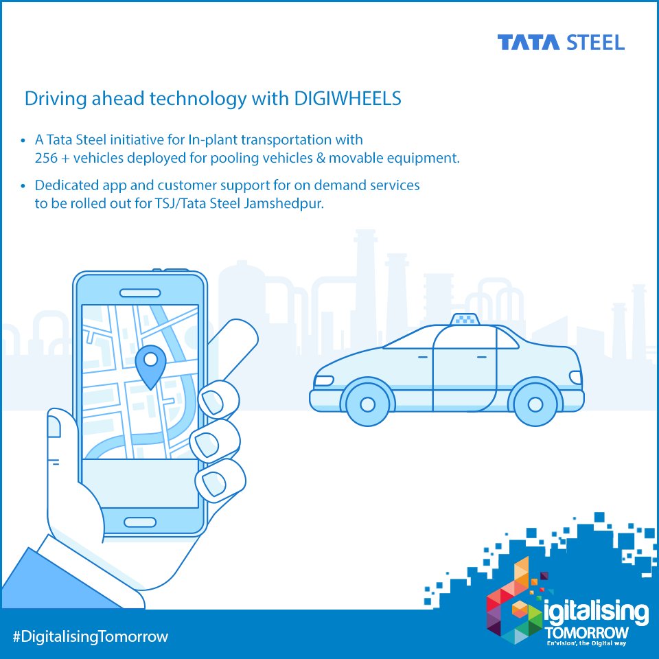 TataSteelLtd's tweet photo. Driving the wheels towards a #DigitalIndia with an internet marketplace for transport with customer &amp; app support. #DigitalizingTomorrow https://t.co/iKoqsjjLG3