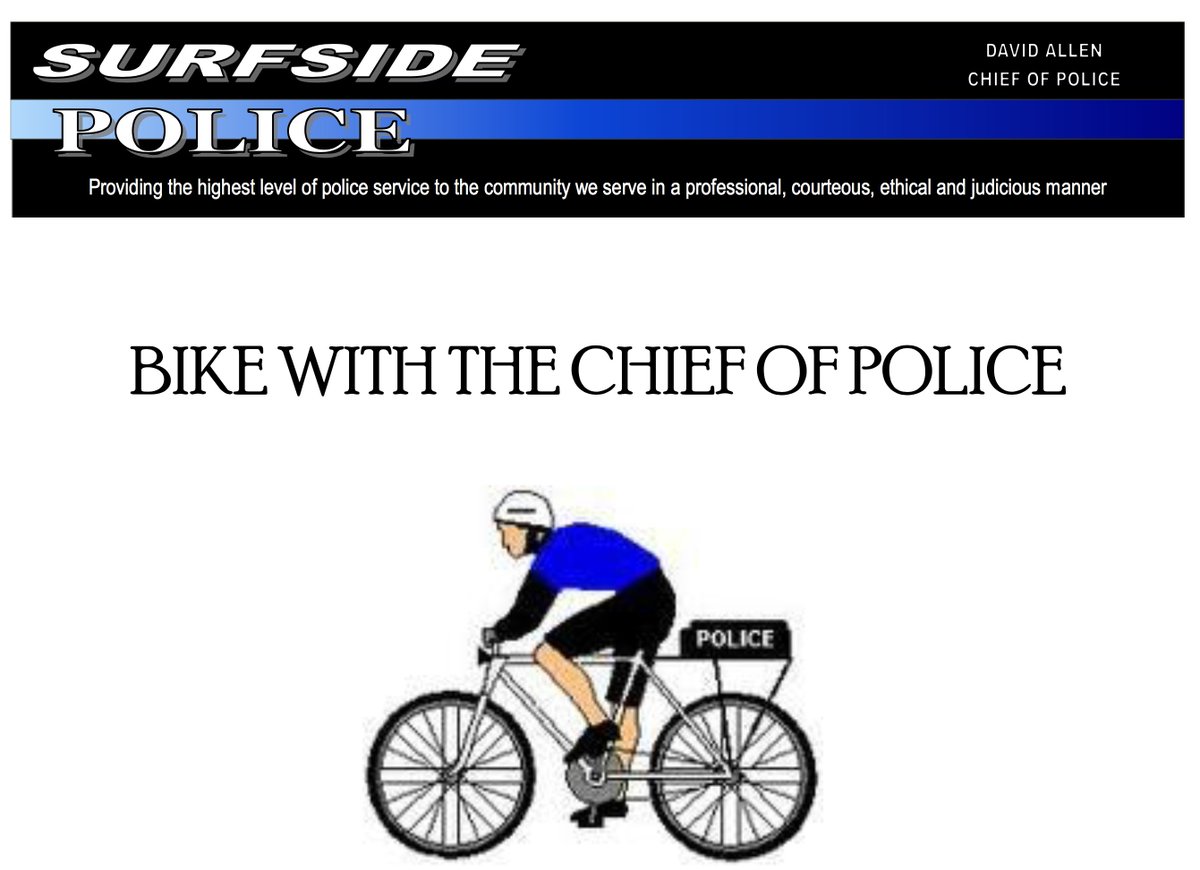 8800Collins's tweet photo. Bike w/ the Chief! Join the #Surfside Police Department on a ride through the community! The ride will begin at Surfside Town Hall at 5:00pm https://t.co/gpT4X377pP