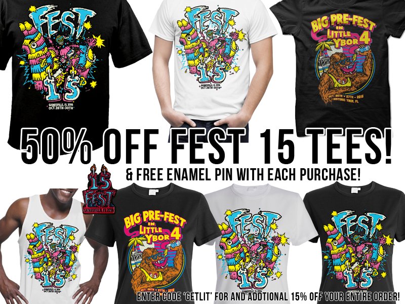 thefestfl's tweet photo. Having a huge sale in the webstore!! 50% off #FEST15 tees and an additional 15% off with the code 'GETLIT'!! https://t.co/GlBoubfASH https://t.co/7PbHKyJ5TU