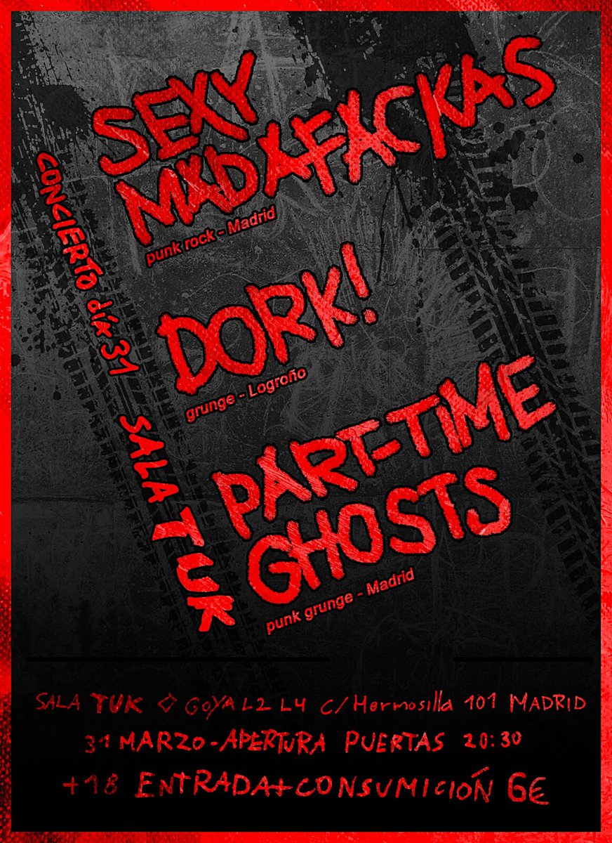 parttimeghosts's tweet photo. Este viernes 31 concierto de punk rock y grunge! Nos vemos en la sala Tuk! <M> Goya 
Os esperamos a todos! \m/ https://t.co/ptMQ7jooDm