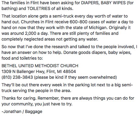 For everyone asking how to help with the #FlintWaterCrisis I finally have a concrete answer for you. Please read and help if you can!