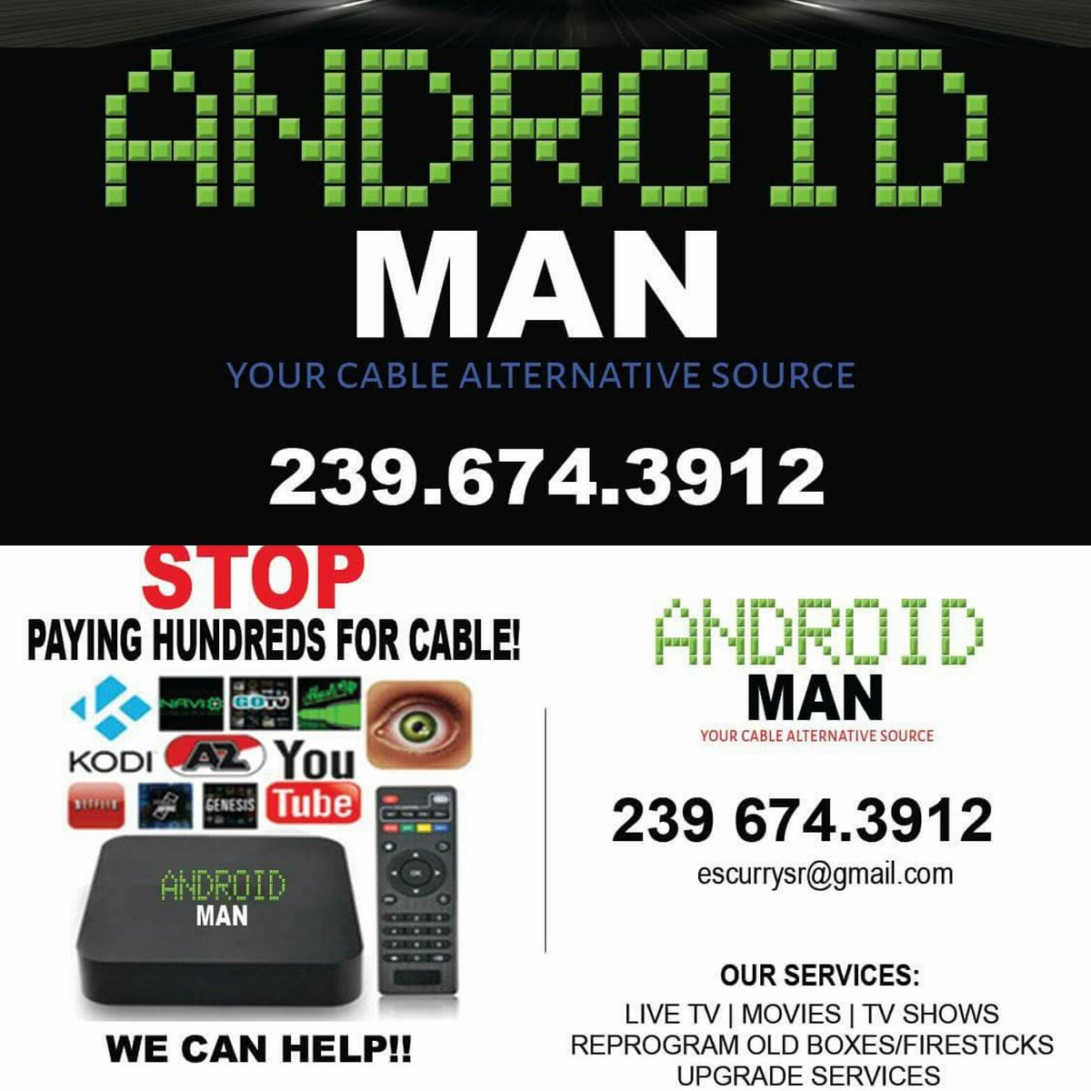 #smallbusiness #kingdombusiness #androidman #cableupgrade #firstickupgrade #lowcost #shipping #usa #FortMyers #CapeCoral  #LEHIGHACRES