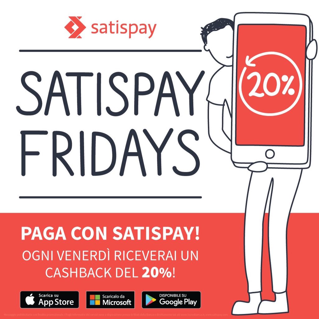 BCCOR's tweet photo. Dal 07/04 al 26/05 inclusi, Satispay solo il  venerdì Cashback del 20%  in oltre 10.000 esercenti convenzionati. https://t.co/mJ6xVeMzoj
