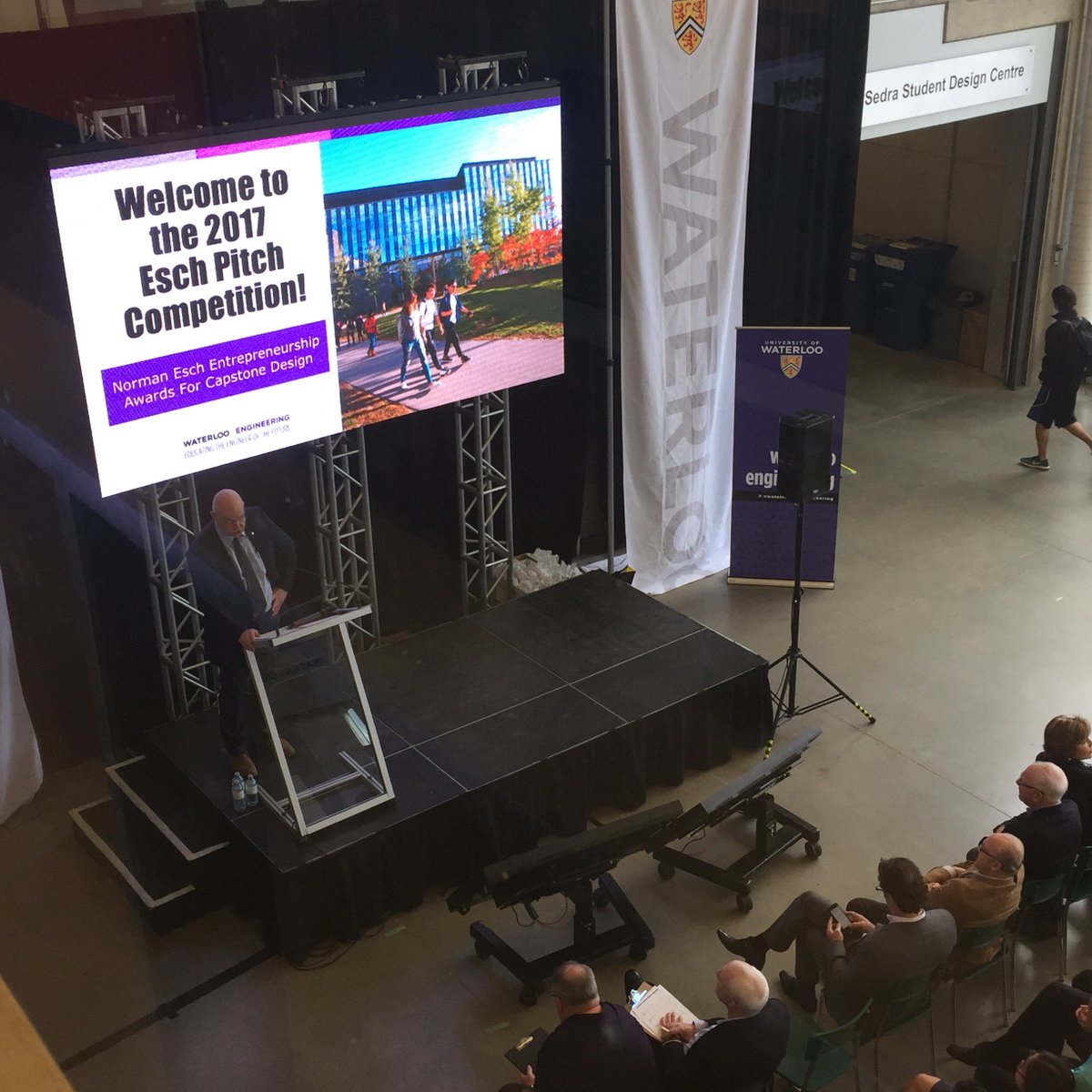 WaterlooENG's tweet photo. Acting Dean of Engineering Rick Culham gets the competition underway. #readysetpitch #UWCapstone https://t.co/1Vfyd2gkXe
