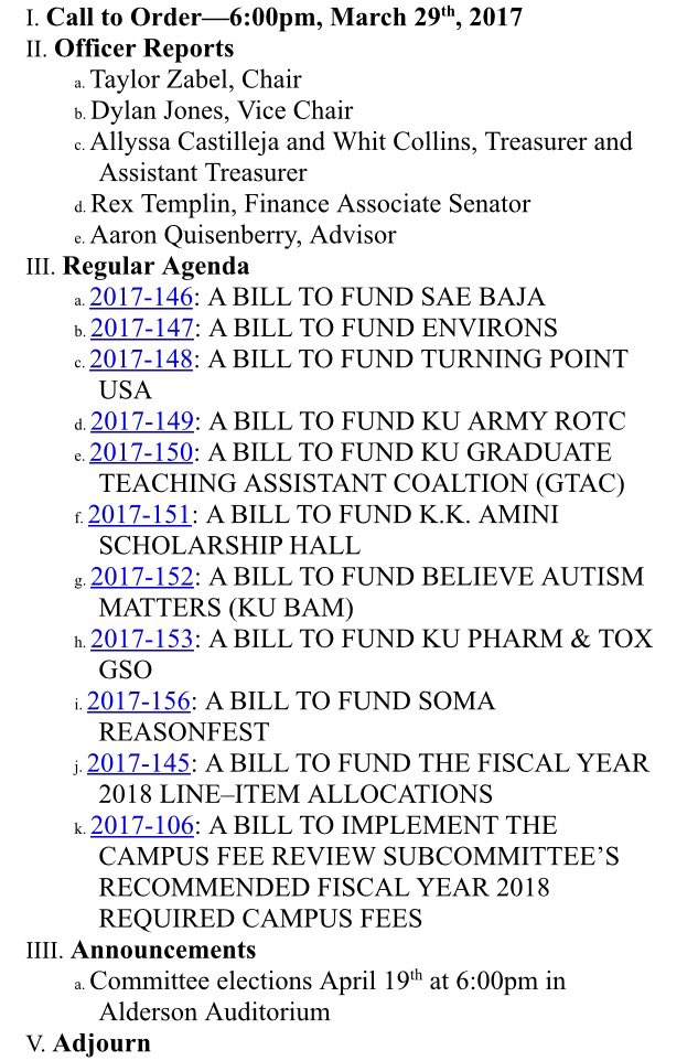 Student Senate committees meet tonight! Here are the agendas - from L to R: <a href="/KUSenateMA/">KU Diversity Equity & Inclusion</a> <a href="/KUStudentRights/">KU Student Rights</a> <a href="/KUSenateUA/">KU Univ Affairs</a> <a href="/KUFinanceCmte/">KU Senate Finance</a>
