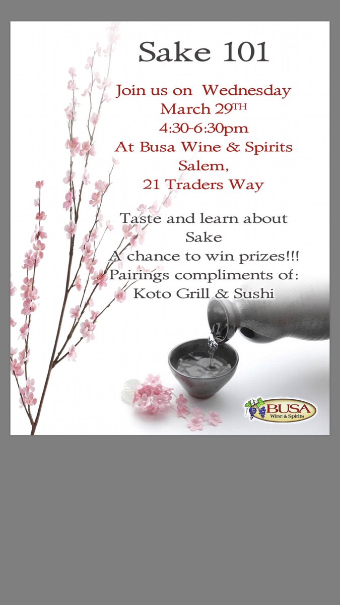 BusaSalem's tweet photo. Come join us tonight! Yes, in just a few hours we'll be having our Sake 101 Tasting with some food from our friends at @kotosalem 🍶 https://t.co/riJKv0OjH1