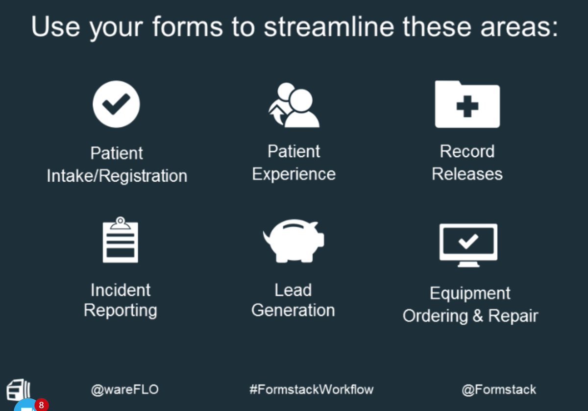 wareFLO's tweet image. Love this slide! #FormstackWorkflow
Online form workflow can streamline sooo many different healthcare workflows!
#HITsm #HCLDR #HITMC