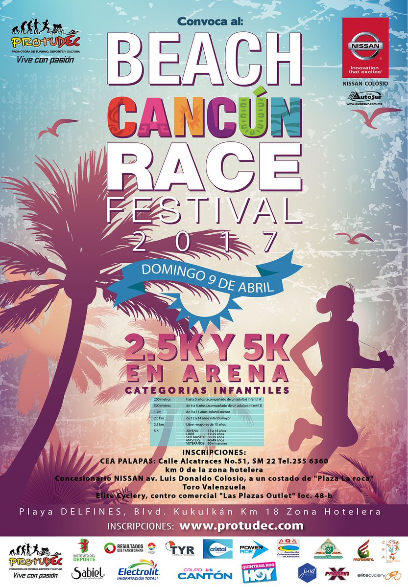 QuintanaRooHoy1's tweet photo. 🎽 #PROTUDEC te invita a la carrera Beach Cancún Race Festival 2017, 2.5 Km y 5 Kms, el domingo 9 de abril en Playa Delfines, Km. 18 https://t.co/HHF9tUKOLn