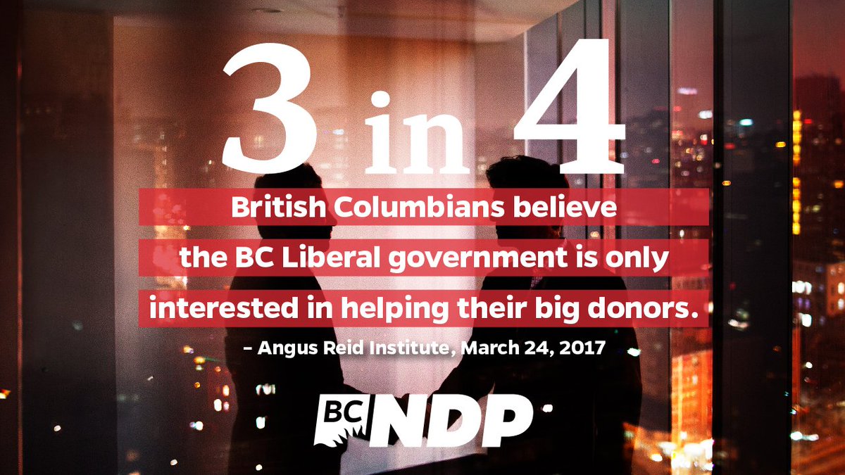bcndp's tweet photo. 3/4 of BCers think the BC Liberals are only working for their big donors and that rising inequality is a huge problem in #BC. #BanBigMoney https://t.co/HC63AUdAtb