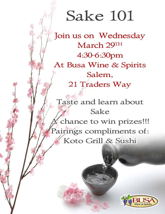 BusaSalem's tweet photo. Join us today at 4:30pm for our FREE Sake 101 tasting at @BusaSalem! Pairings provided by @kotosalem. #winetasting #free #sake https://t.co/Djh1YuuCEK