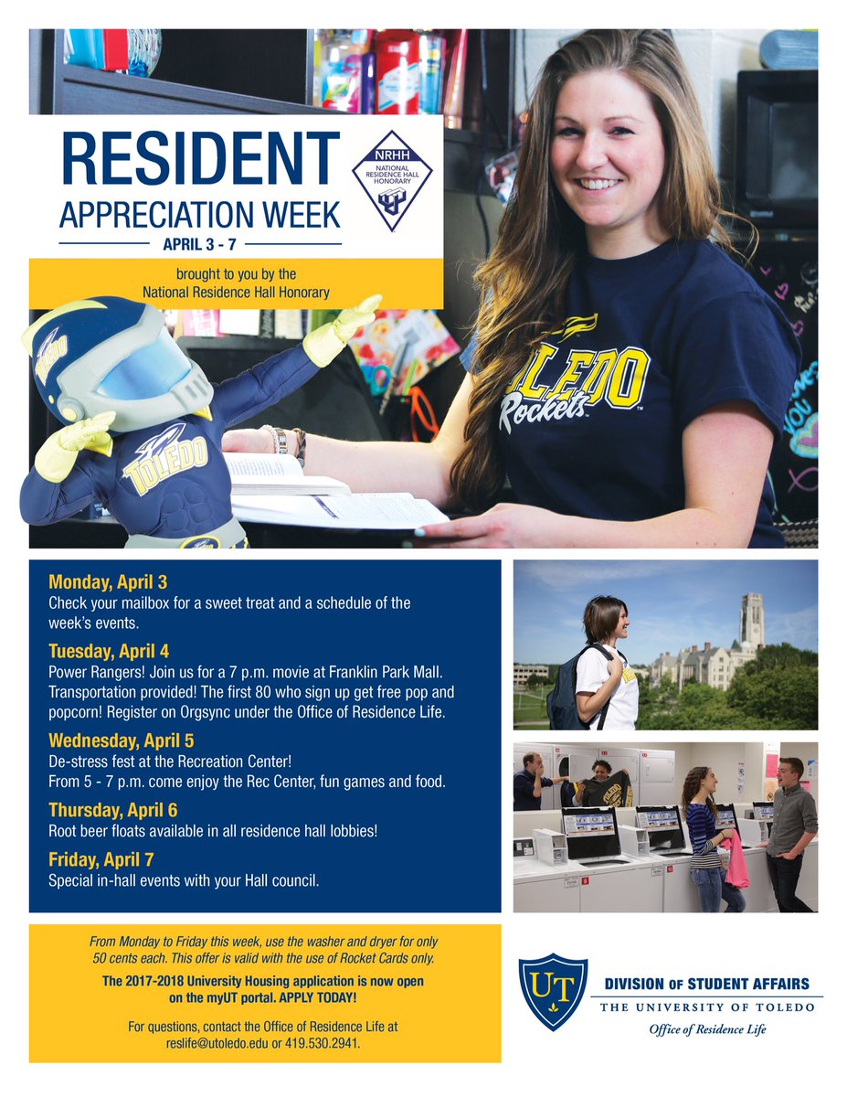 toledoreslife's tweet image. Resident Appreciation Week starts next week! 50cent laundry, night at the movies, and more! We ❤️ our on campus Rockets! 🚀 @UT_NRHH
