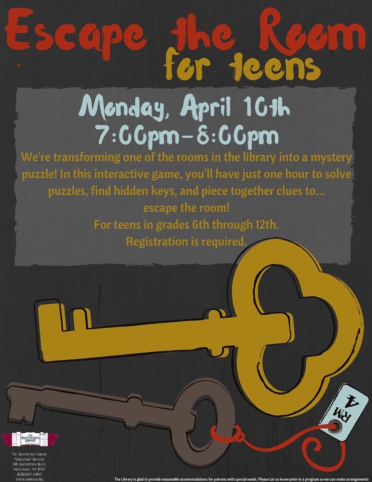 SmithtownMoms's tweet photo. Escape the Room for Teens https://t.co/qvPUrOgeDI https://t.co/V7AgJdgN7Y