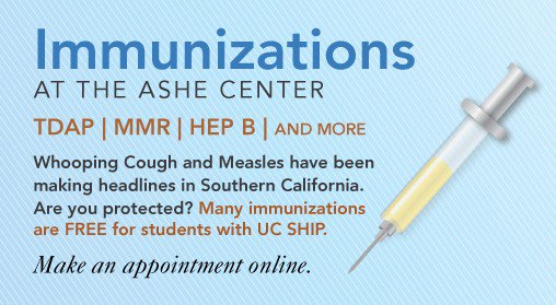 UCLAAsheCenter's tweet photo. If you have #UCSHIP at @UCLA, many immunizations are $0. See the list here: https://t.co/XZb8B3u6LS @HealthyUCLA  💉 https://t.co/xsNHgODusG