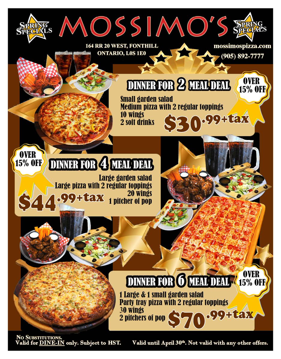 MossimosPizza's tweet photo. Stop in &amp;  SAVE  with these great deals!
Here at #Mossimos, we use the freshest ingredients 🥓 and the food is always made to order! https://t.co/ITTXS6bsRp