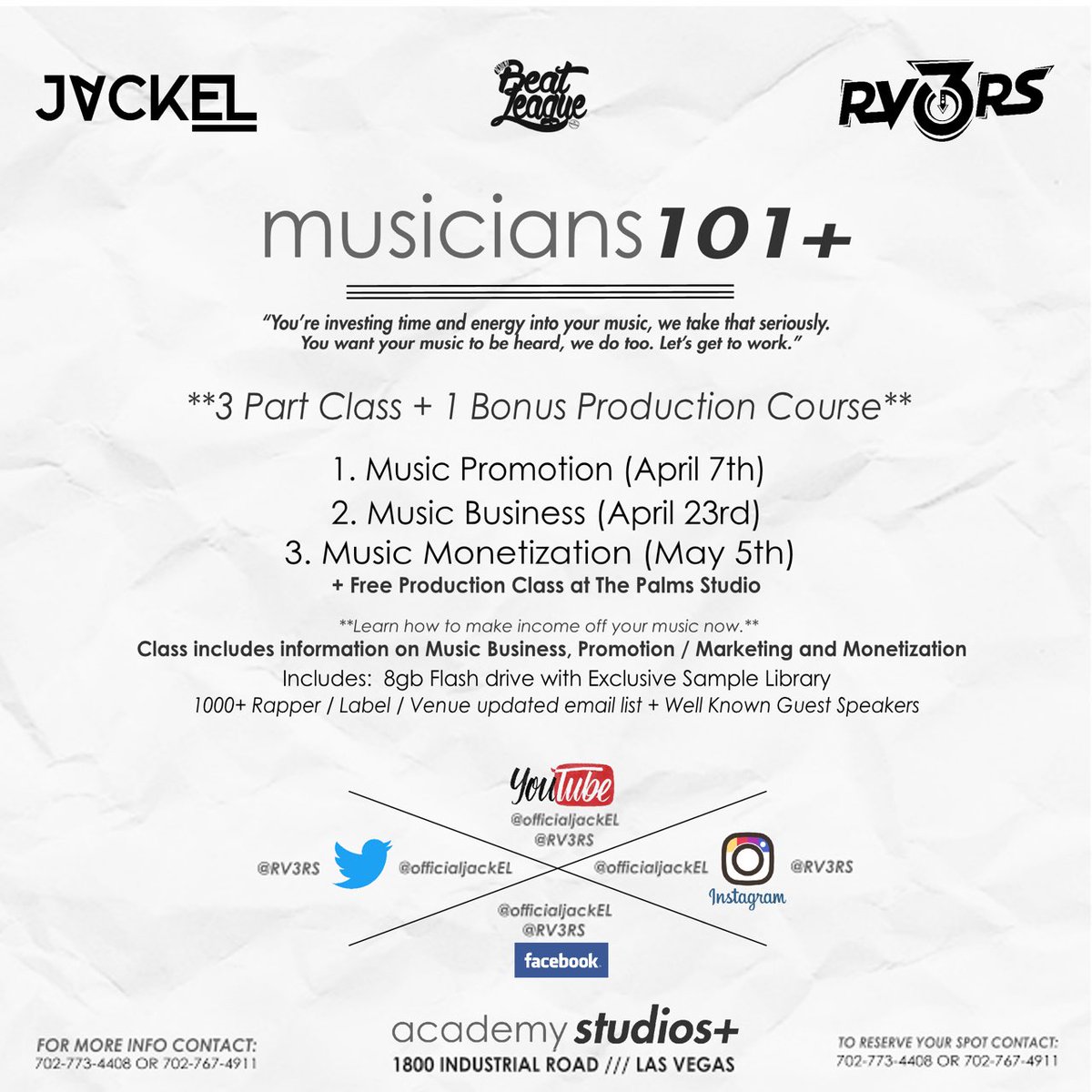 RV3RS's tweet photo. Las Vegas
I'm teaching a 4 class course on Music with @officialJackEL 
RSVP your seat before it's full 👌
#Musicians101 #Vegas #MusicClass 🎶📚 https://t.co/gG1Jv5YeyM