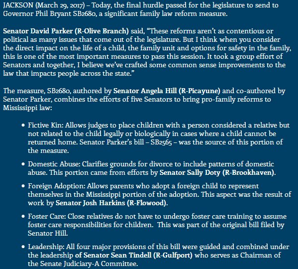 Grateful to Sen colleagues for significant family law reform on fictive kin, domestic violence &amp; foster care bit.ly/2ozvduC #msleg