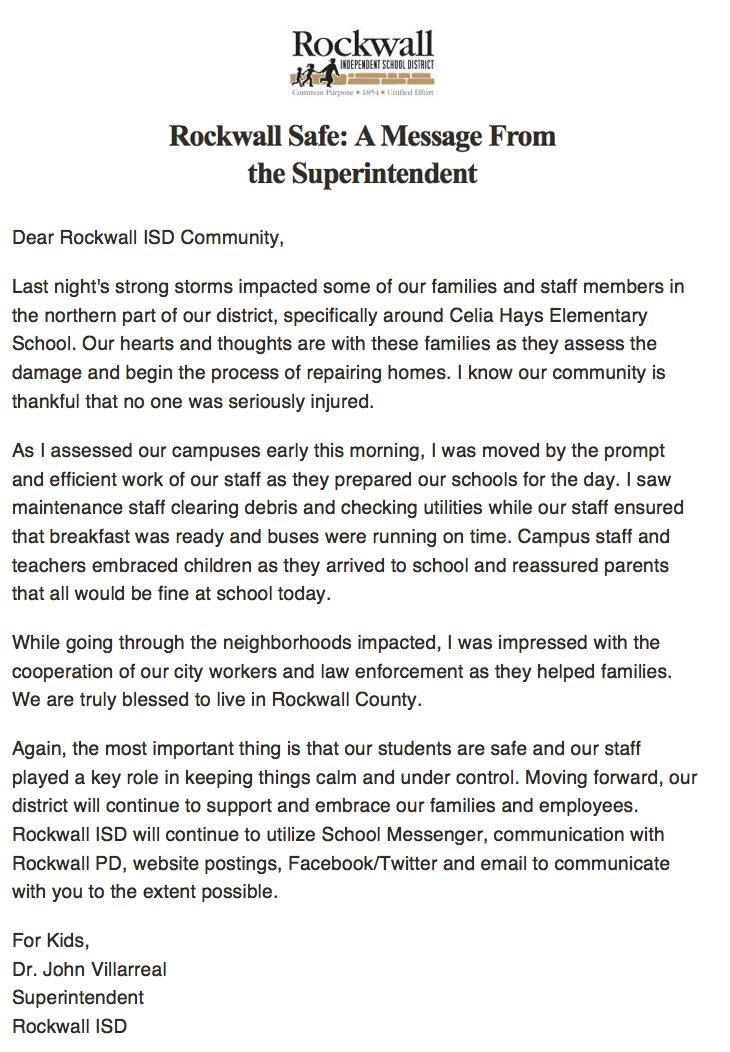 rockwallschools's tweet photo. A message from Superintendent Villarreal. https://t.co/SjUZCFcilk