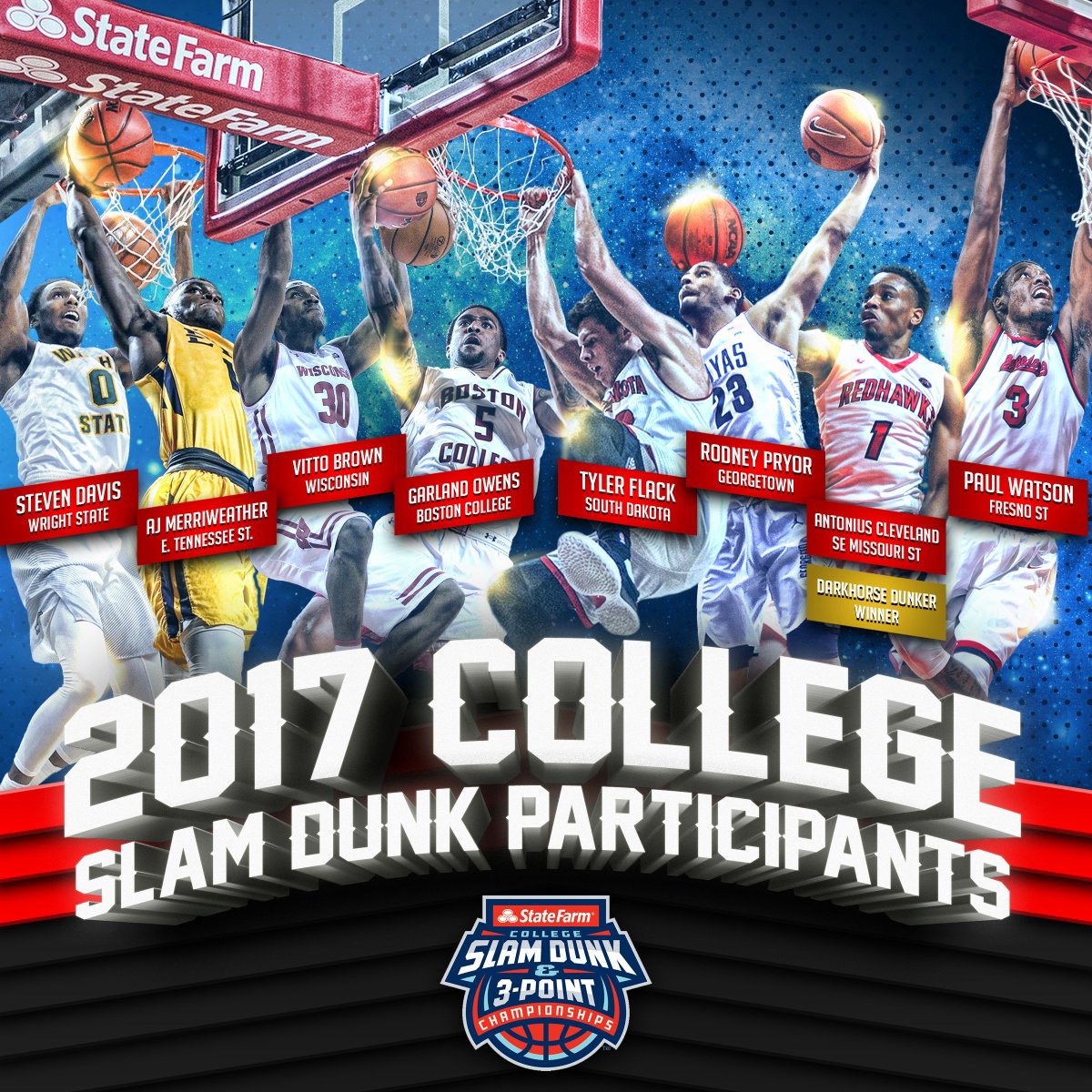 CollegeSLAM's tweet photo. Eight dunkers enter. One champion will be crowned.
Here's a look at the participants in Thursday night's College Slam Dunk Championships! https://t.co/HvBaoJ8Skx