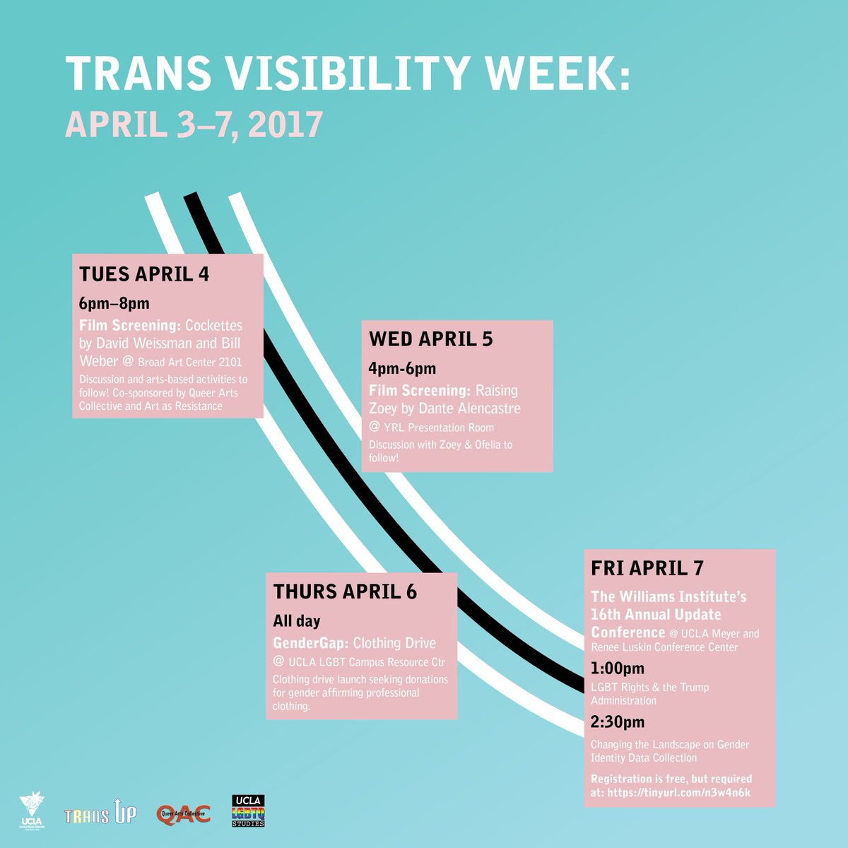 UCLAAsheCenter's tweet photo. #SaveTheDateUCLA: #TransVisibilityWeek at #UCLA, presented by @UCLALGBT, #TransUp, @WilliamsPolicy. Will you come out to support? 4/3-4/7. https://t.co/soef6wJ5FY