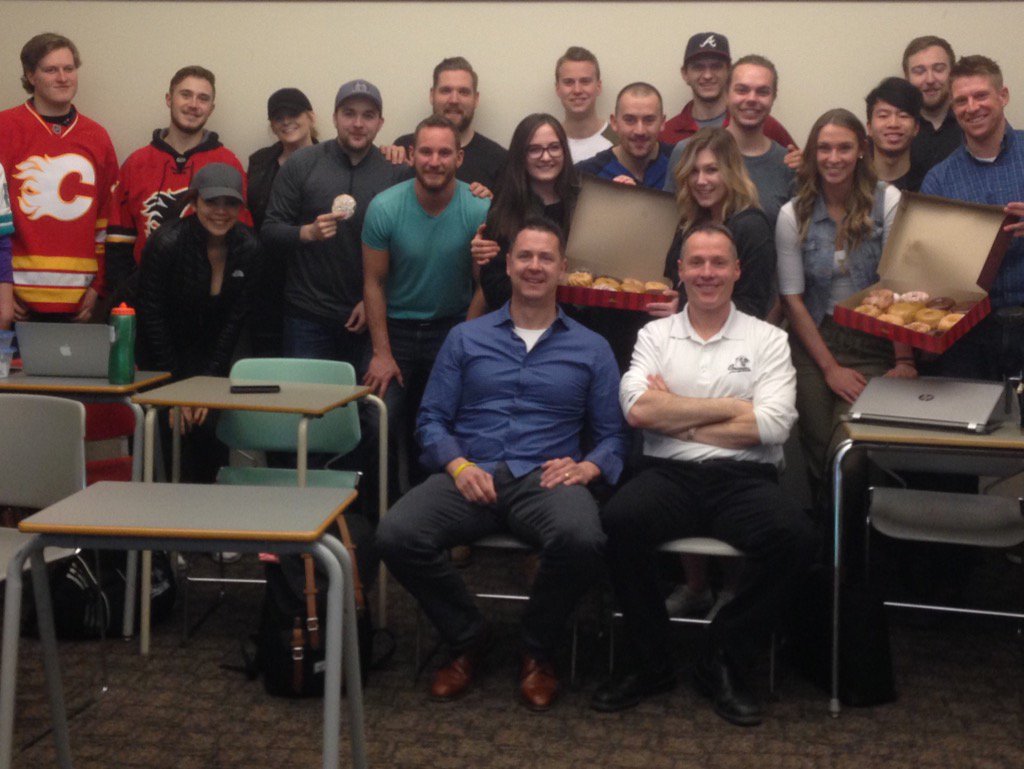 Davidfhlegg's tweet photo. Clearly this was THE pinnacle class! @bobpaley and his donuts discussing the reconstruction of kananaskis golf. https://t.co/RJeYRRyNyG