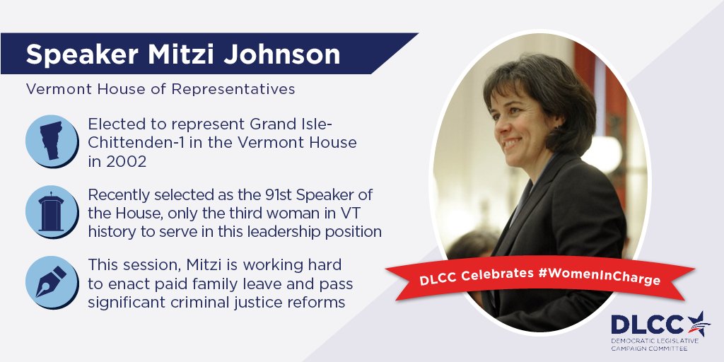 DLCC's tweet image. #VT Spkr @MitziJohnsonVT is fighting for working families + #stateprogress! Thank you, Speaker Johnson! #WomenInCharge #WomensHistoryMonth