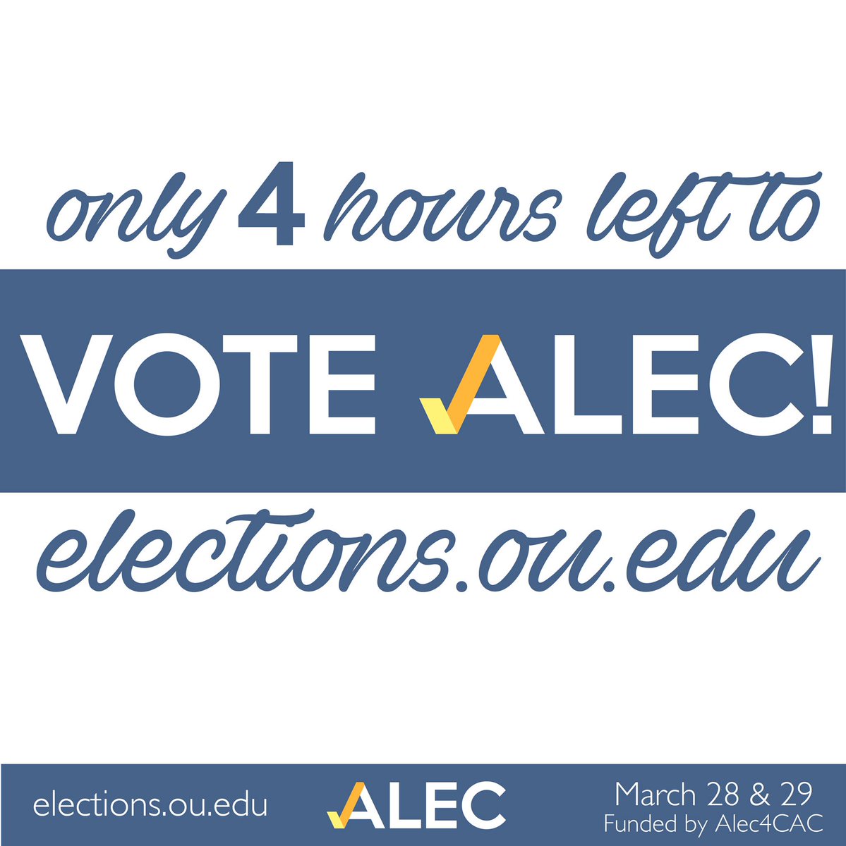 Alec4CAC's tweet photo. Voting closes in 4 hours! Get your vote for Alec in befor 9 pm! #Alec4CAC https://t.co/Ui5IgpIKYZ