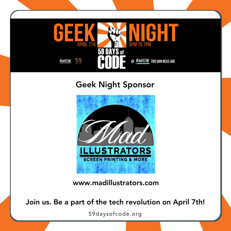 59DaysOfCode's tweet photo. Shout out to @MadIllustrators for so many shirts. Thank you for being a sponsor! #59DaysOfCode #Fresno #GeekNight https://t.co/YSkNS3mGZW